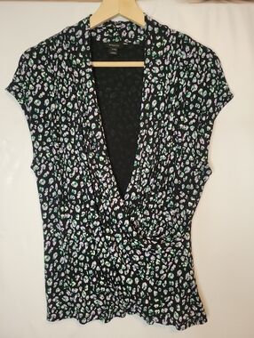RW&CO. Black Spotted Faux Wrap Top with Green & Lavender Accents